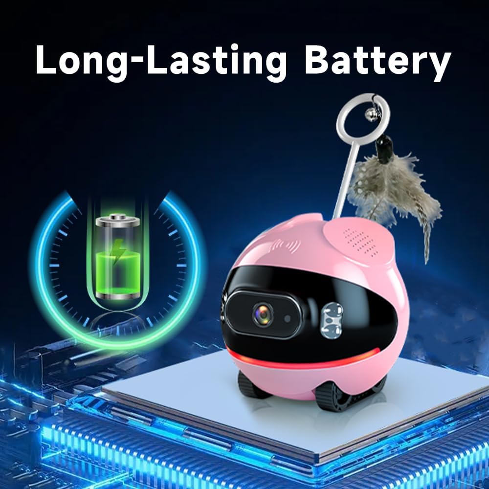 Pet Camera Robot with Cat Teaser: Battery-Operated, Movable with Phone App, 2-Way Talk, Video/Photo, Night Vision (Pink)