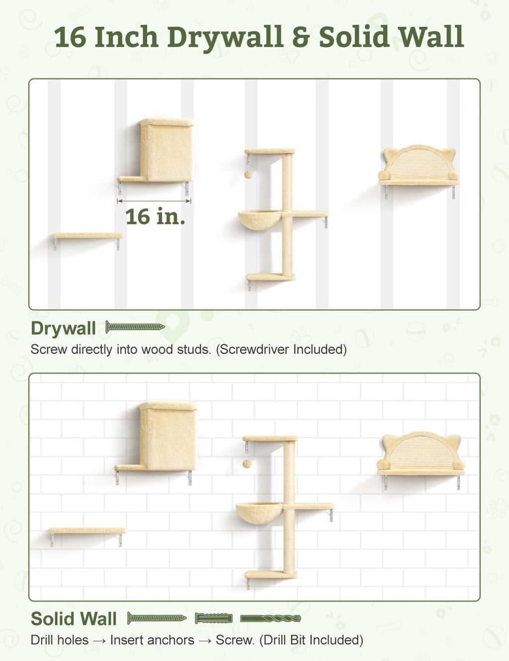 5-in-1 Cat Wall Shelves, Solid Wood Cat Wall Furniture Set for Indoor Cats