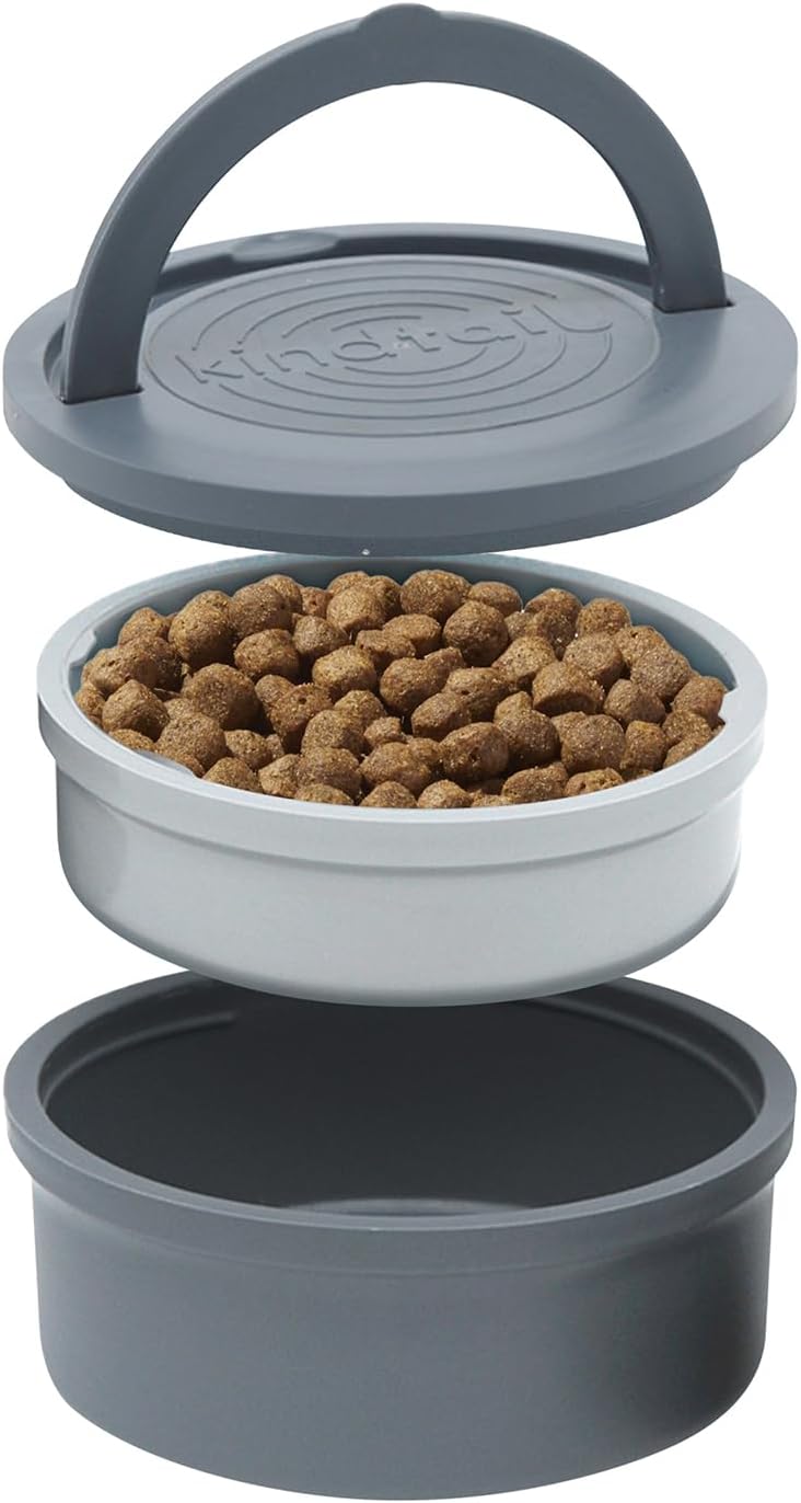 Portable Pet Feeder, Travel Dog Bowls with Lid and Handle, Microwave and Dishwasher-Safe, 10oz Inner Bowl & 20oz Outer Bowl, Grey 