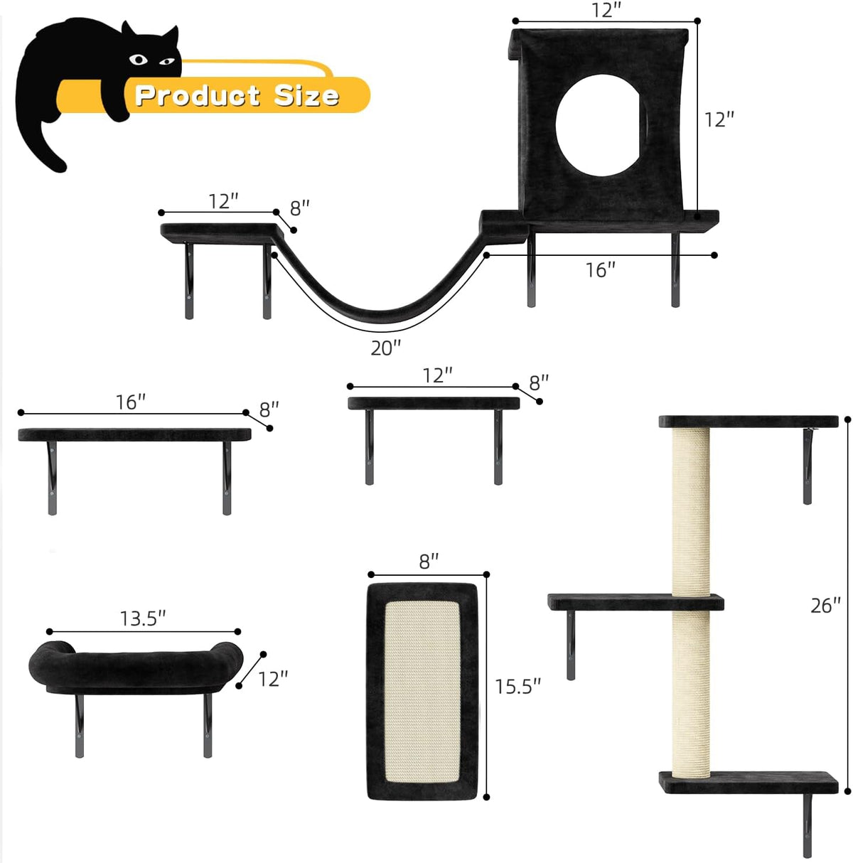 Cat Wall Shelves, 6 Pcs Luxury Wall-Mounted Cat Climber Shelves, Black