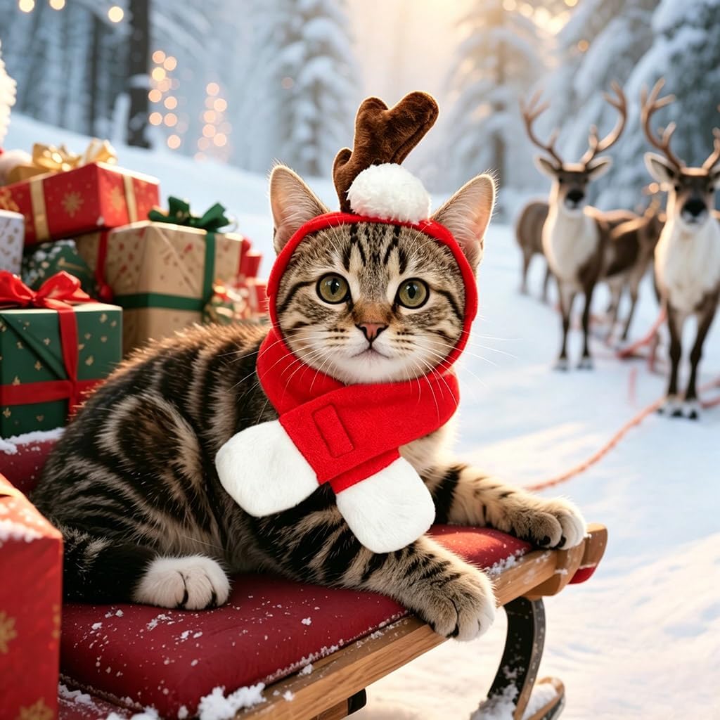 NAMSAN Pet Reindeer Costume for Cats Small Dogs Rabbits, Christmas Cat Single Antler Headband with Red Scarf, Small Dog Max Santa Antler Outfit for Christmas New Year Party Cosplay Statue Decoration