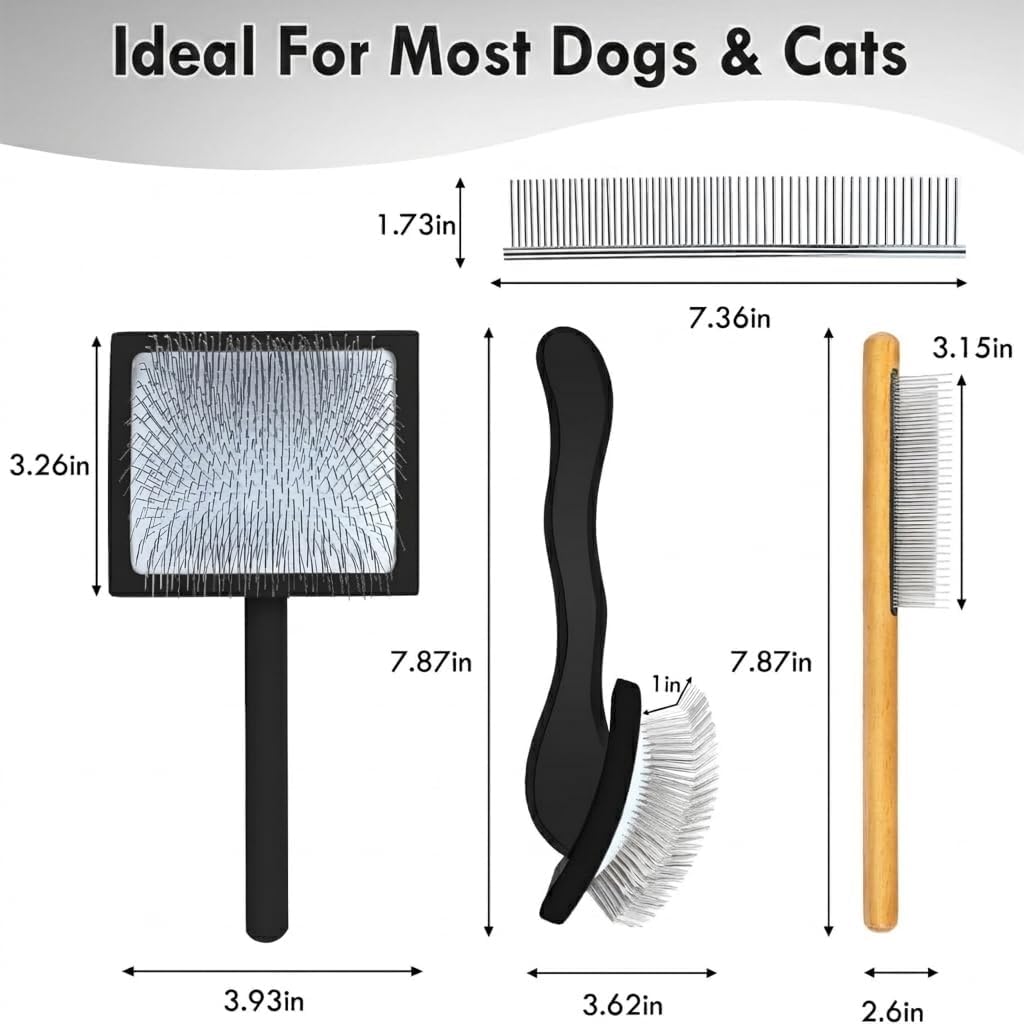 3-in-1 Long Pin Slicker Brush Set, Pet Grooming Kit, Black