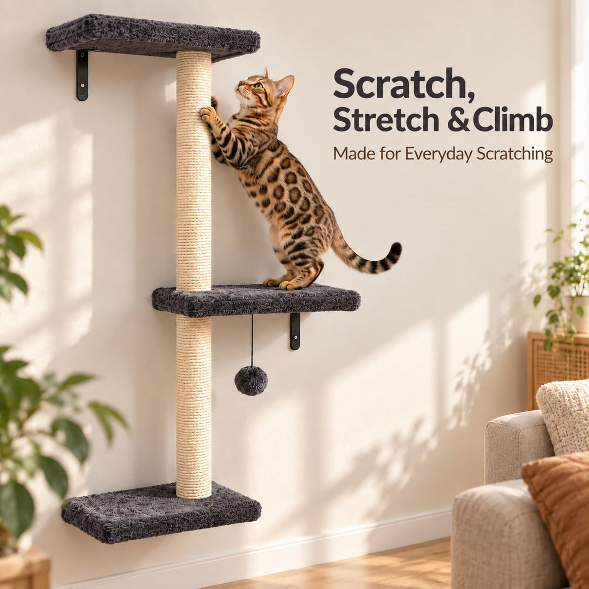 Cat Wall Shelves, 5-Piece Wall-Mounted Cat Tree for Large Cats, Cat Wall Furniture with Condo, Scratching Posts & Climbing Platforms