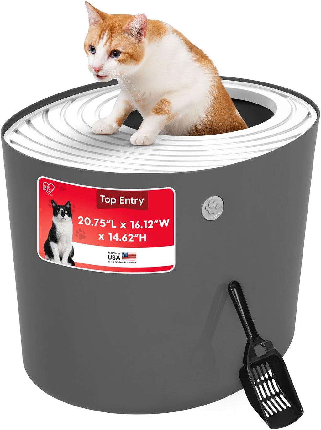 IRIS USA Large Top Entry Cat Litter Box, Hooded Privacy, Dark Gray/White | Dog-Free Zone, Enclosed Top Access, Dog Proof Pan, Mess Containment System, Odor Trapping, Reduced Tracking