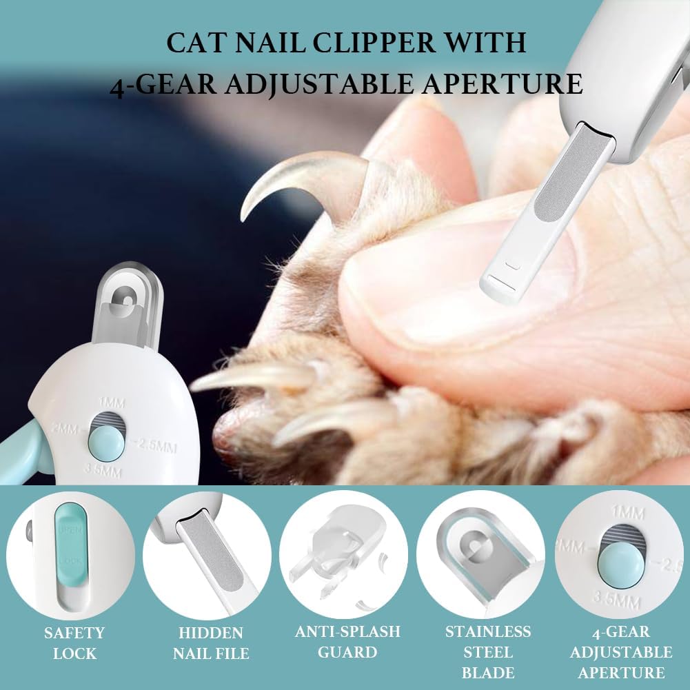 Cat Nail Clipper, Cat Nail Trimmer with Adjustable 3-Size Trimming Hole & Hidden Nail File, Anti-Splash Claw Cutter with Debris Catcher for Kittens, Adjustable Aperture Pet Blue Nail Clippers