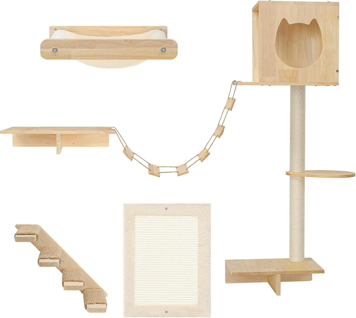 HOOBRO Wood Cat Wall Shelves, Set of 5 Modern Cat Wall Furniture with Corridor, Plush Hammock, Steps, Scratcher and Climbing Shelves for Playing, Sturdy, Durable and Safe, Natural NL45CS03