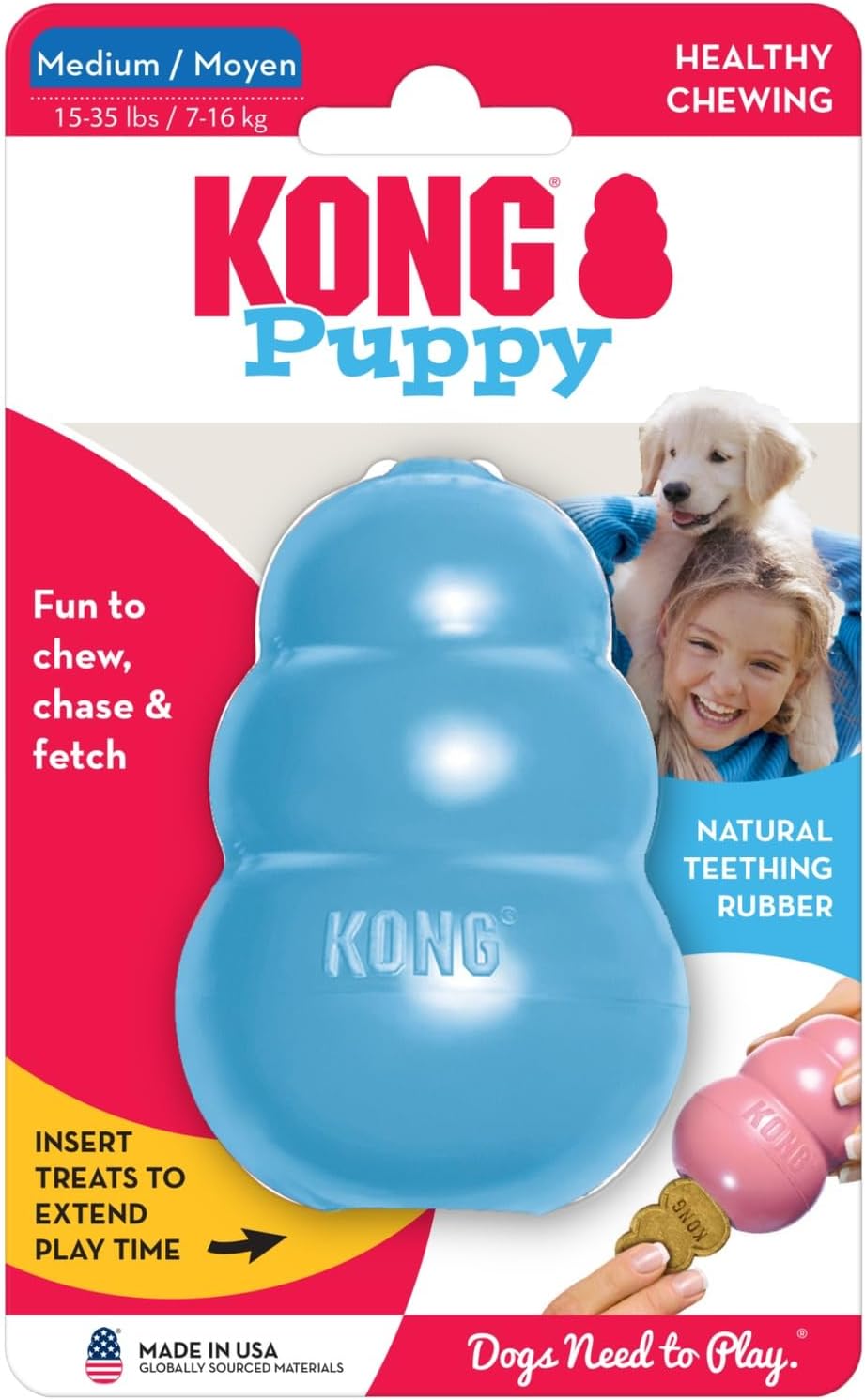 KONG Puppy, Natural Rubber Teething Chew Toy, for Medium Puppies, Blue | Gentle Natural Teething Rubber Toy, Stuffable for Treats & Built for Chewing & Fetch with Growing Puppies