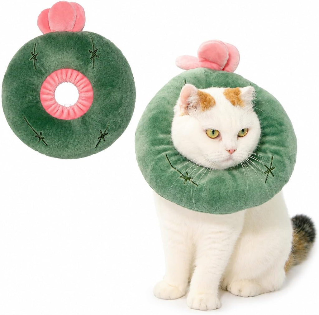Adjustable Cat Recovery Collar Soft,Cute Pet E-Collar Neck Cone After Surgery Wound Healing Protective Cone Fit for Kitties, Small Dogs(ELC05-cactus-m)
