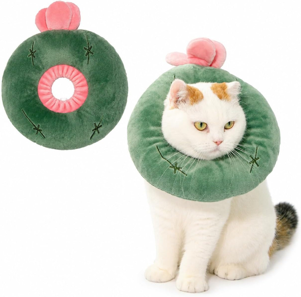 Adjustable Cat Recovery Collar Soft,Cute Pet E-Collar Neck Cone After Surgery Wound Healing Protective Cone Fit for Kitties, Small Dogs(ELC05-cactus-m)