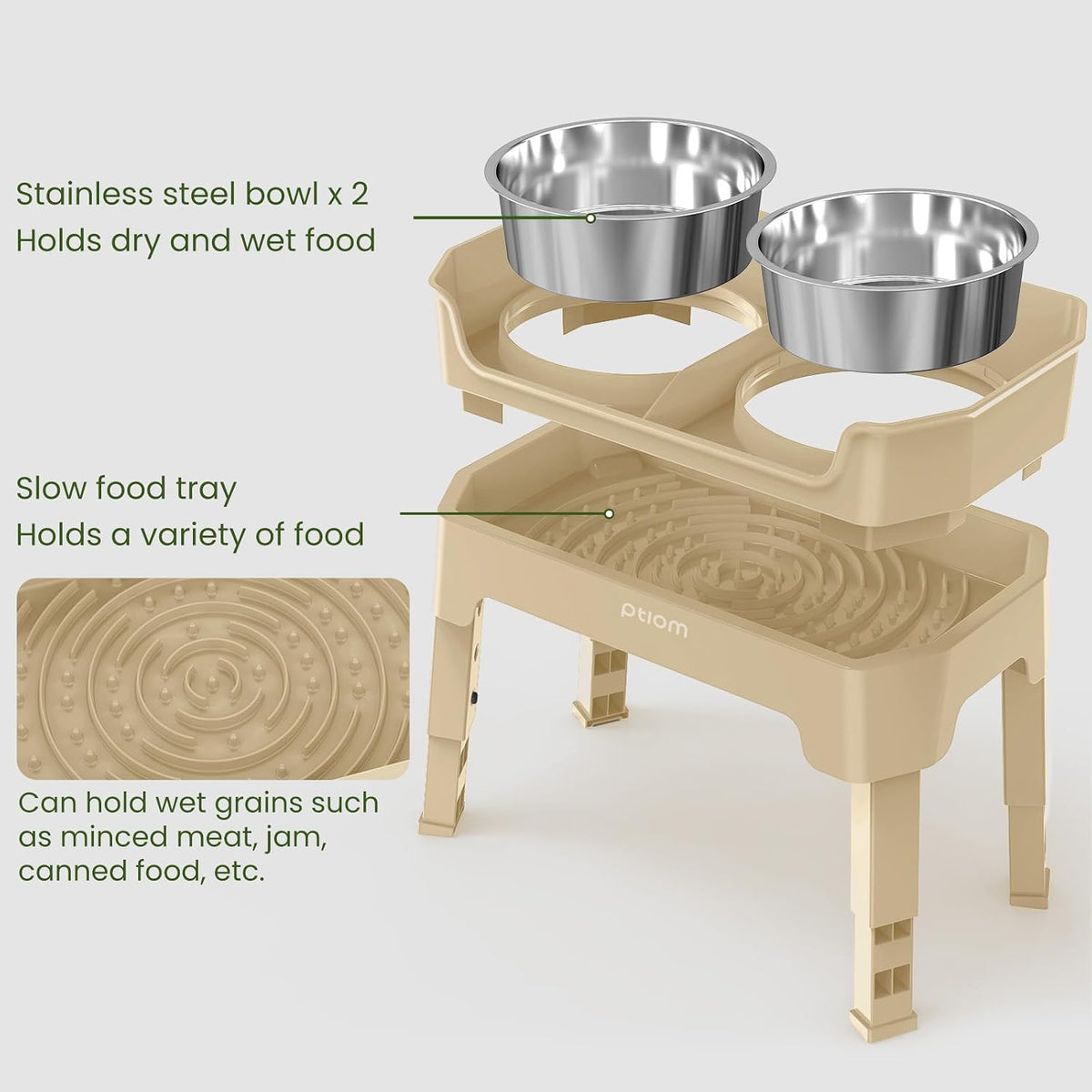3-in-1 Elevated Dog Bowls Mess Proof Raised Slow Feeder Dog Bowls, 4 Height Adjustable Dog Bowl Stand Licking Plate with 2 56oz Stainless Steel Dog Food Bowls for Small Medium Dogs, Beige