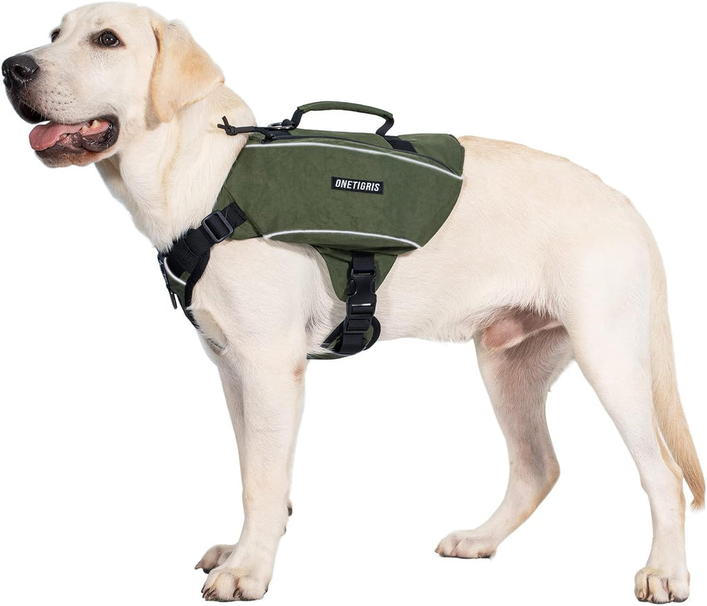ONETIGRIS Y-Shaped Dog Backpack with Handle, Pockets & No Pull D-Rings, Lightweight Hiking Gear for Dogs Hunting Camping Travel (Large, Green)