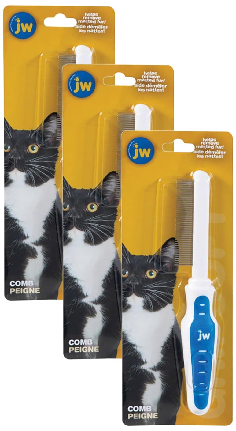 JW Pet GripSoft Cat Comb - Medium & Long Haired Cat Brush for Shedding & Tangle Removal (Pack of 3)