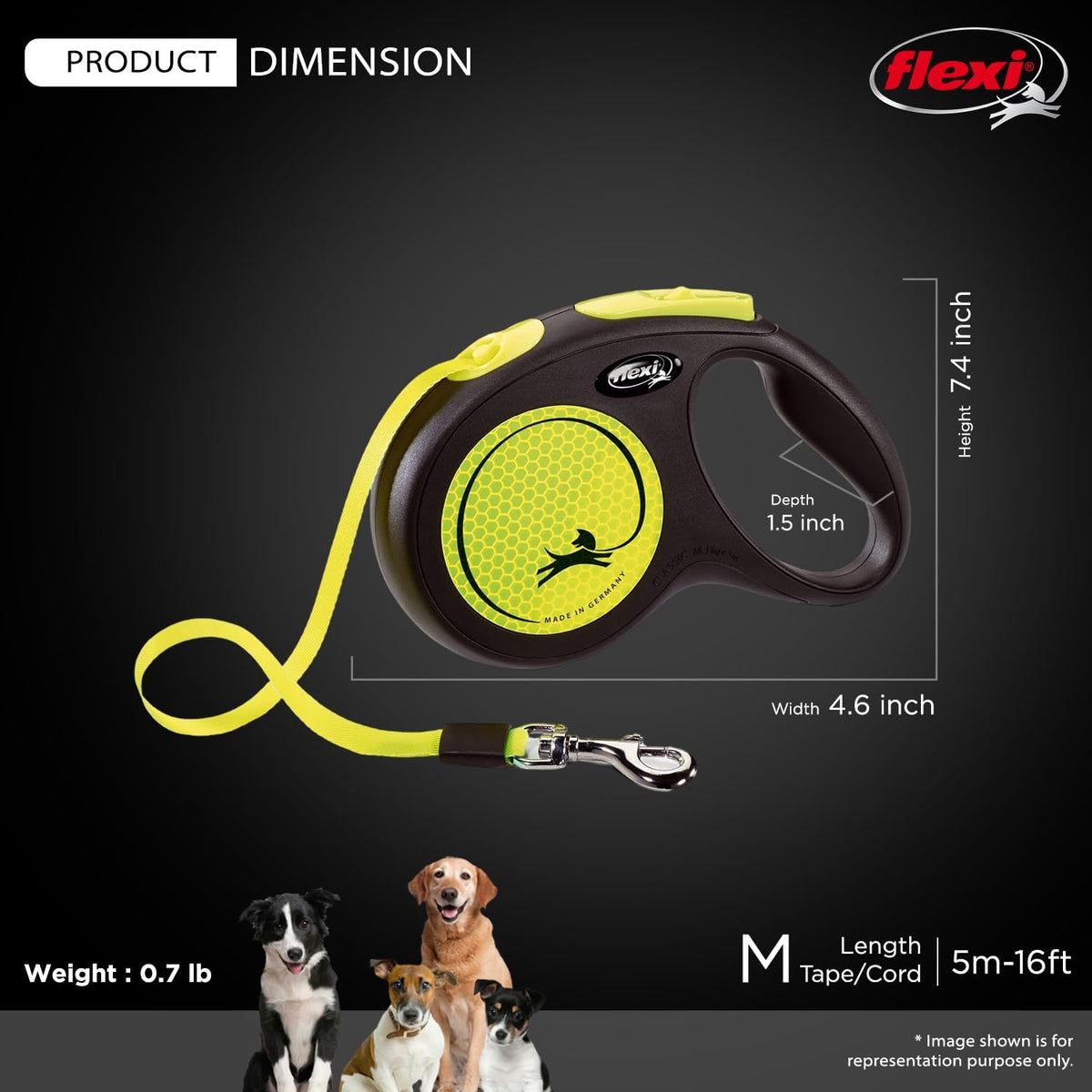 FLEXI® Neon Tape Retractable Dog Leash, Medium, 16 ft - Neon Yellow/Black