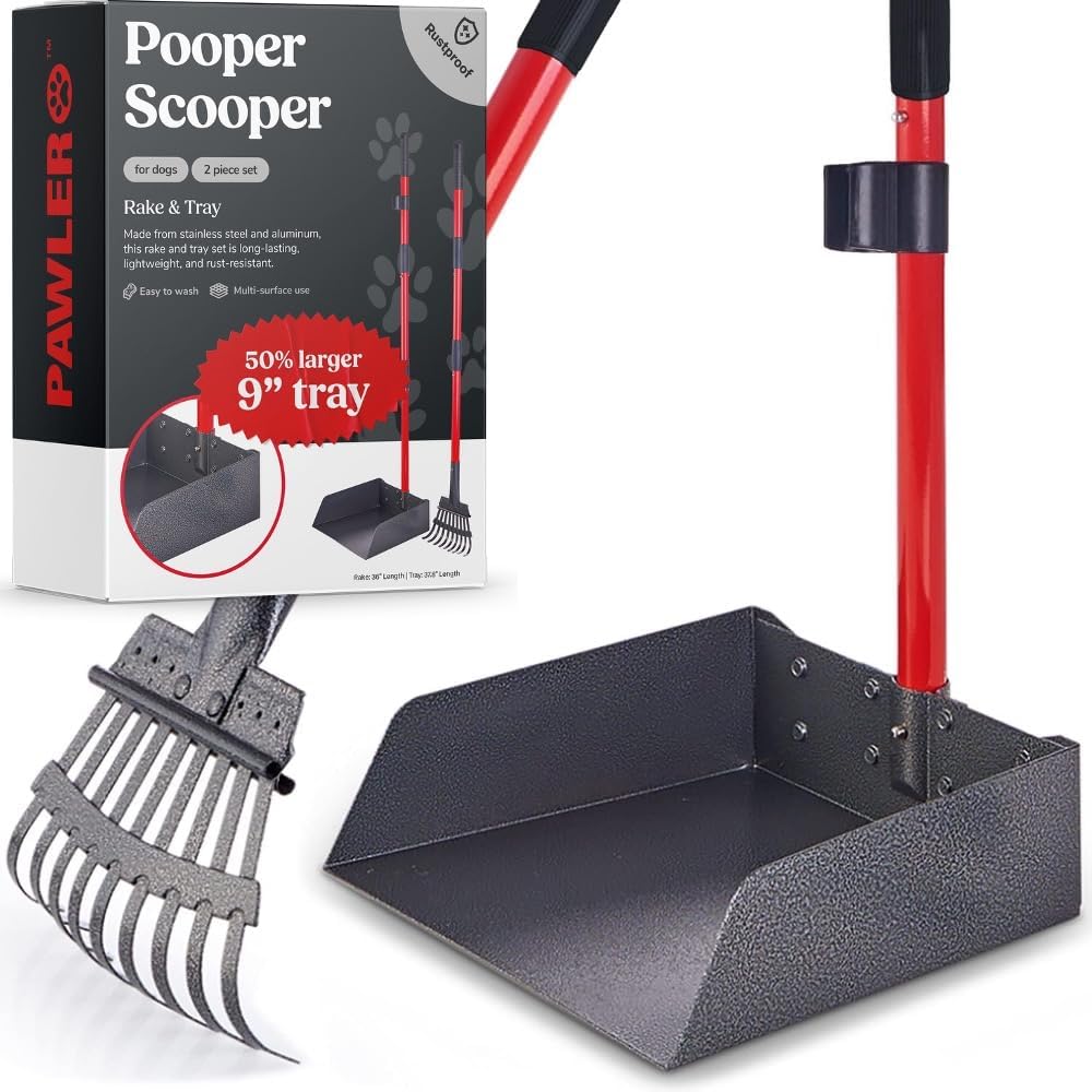 Metal Pooper Scooper for Dogs with Heavy Duty Long Handle Rake & XL Tray