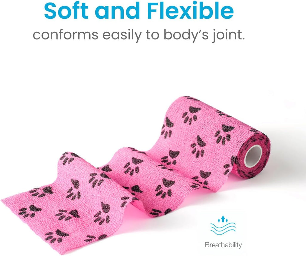WePet Pet Wrap, Self-Adhesive, Only Sticks to Itself, Non-Woven Tape for Dog Legs, Paws, Wounds, First Aid Cohesive Gauze for Horse, Cat, Bird, Animal, 6 Rolls, 4 Inch, Pawprints B