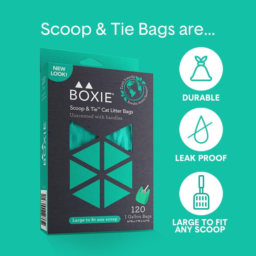 Boxie Sustainable Scoop & Tie Pet Waste Bags, 240 Count, Leak-Proof, Easy-to-Tie Handles, Eco-Friendly, Odor Control, EPI Technology, Durable for Cat Litter & Dog Waste (Pack of 2)