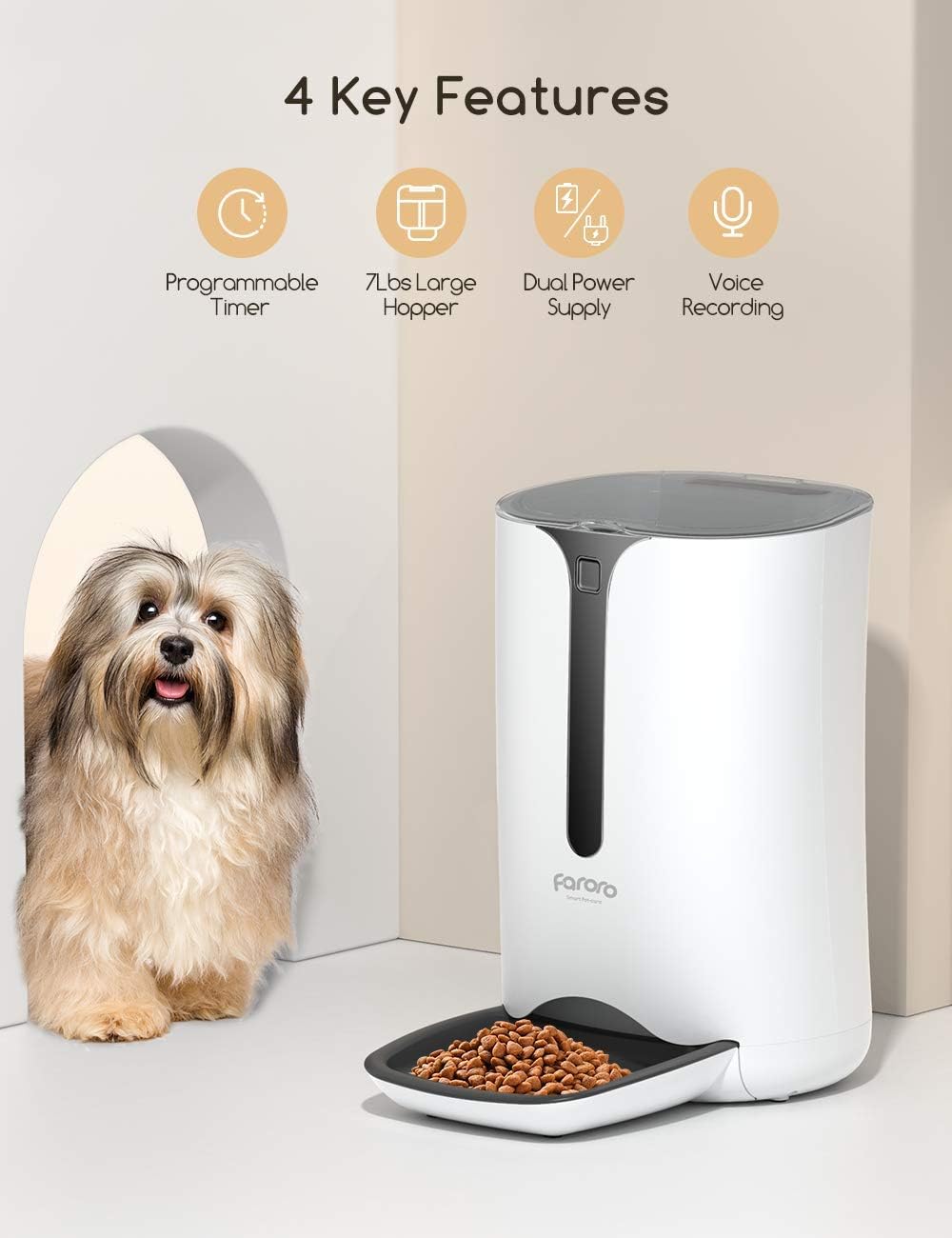 Faroro 7L/30 Cups Automatic Cat Feeder, Cat Food Dispenser with Portion Control, 1-5 Meals Per Day, Dual Power Supply, 10s Voice Recording for Cats and Small Dogs