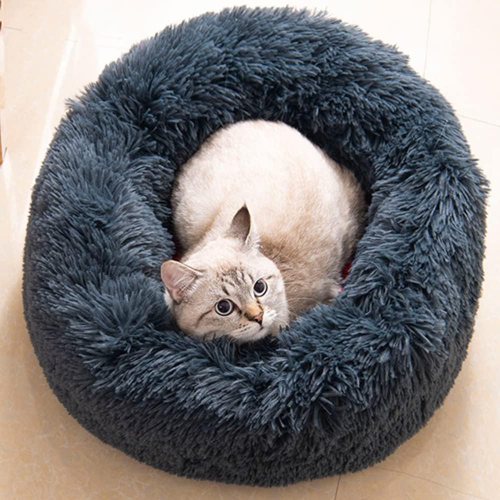 Cat Beds for Indoor Cats - Cat Bed Washable 20 inches, Dog Beds for Small Medium Dogs, Anti Anxiety Round Fluffy Plush Faux Fur Pet Bed, Thick Bottom (Dark Grey, Medium)