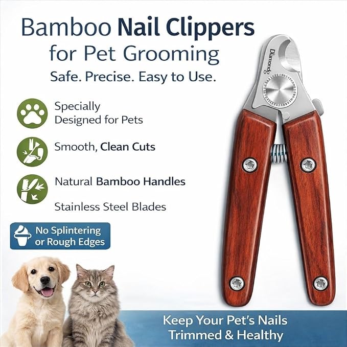 Diamondg Nail Clippers for Dogs & Cats - Heavy Duty Stainless Steel Blades | Manual Dog Toenail Cutter with Spring, Bamboo Handle, Sharp Curved Steel Blade for Thick Nails, Safe Pet Nail Trimmers
