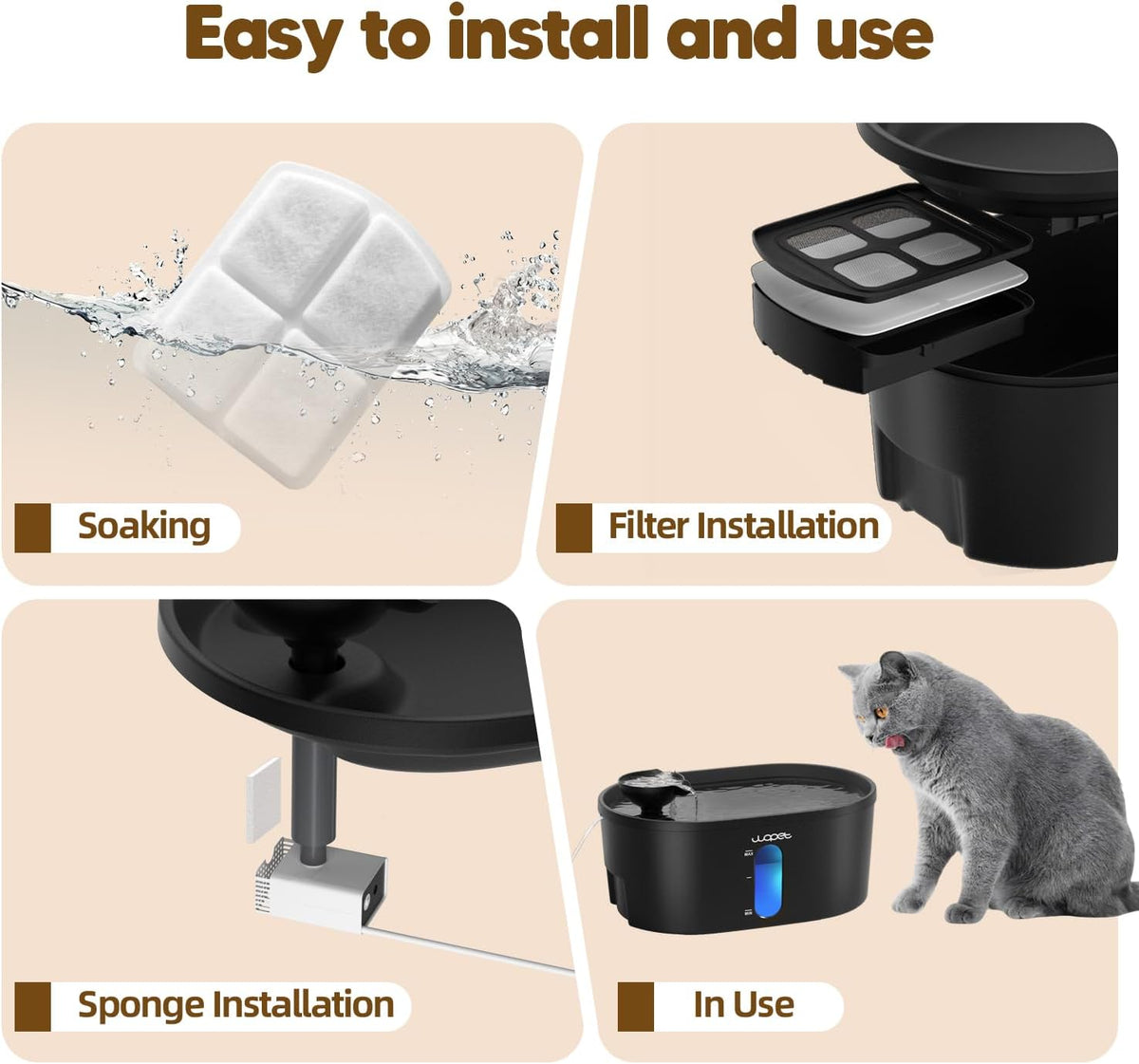 WOPET Dog Water Fountain Filters, Pet Water Fountain Filter Replacement Compatible with A08 Pet Fountain,Dog Fountain Filters - Including 4 Filters + 4 Sponges
