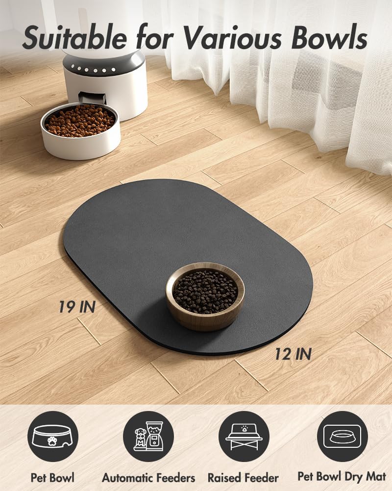 MontVoo Absorbent Dog Food Mat-Dog Mat for Food and Water Bowl | Quick Dry Pet Dish Mat, No Stains & Easy Clean Cat Rug for Messy Drinkers Cat Accessories Pet Supplies, 12"x19", Darkgrey