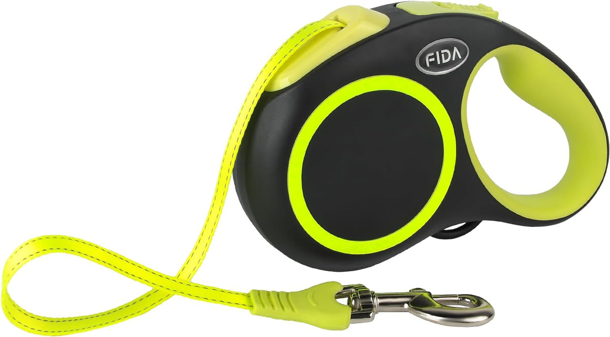 Fida Retractable Dog Leash, Reflective 16ft Heavy Duty Pet Walking Leash for Medium/Large Dog up to 44 lbs, Tangle Free. One-Hand Brake (Medium, Neon Yellow)