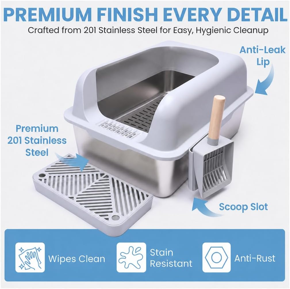 XL Stainless Steel Sifting Cat Litter Box with High Sides and Odor Control | Metal Cat Litter Box With Sifting Tray, Anti-Urine Splash Guard, Non-Slip Feet, Entry Step And Scoop Holder For Clean Homes