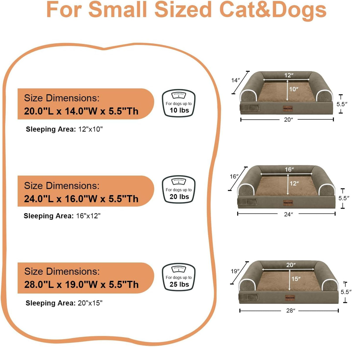 NANUYA Orthopedic Dog Bed for Small Dogs, 20 x 14 Inch, Brown
