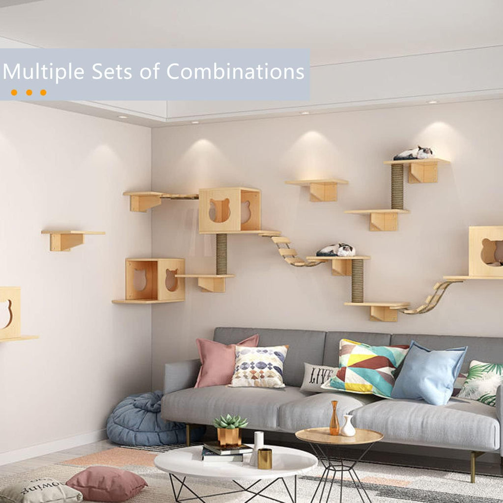 Cat Wall Shelves and Furniture Set with Condos, Perches, Bridge Ladders, Sisal Scratching Posts - Steps and Houses for Cats (B)