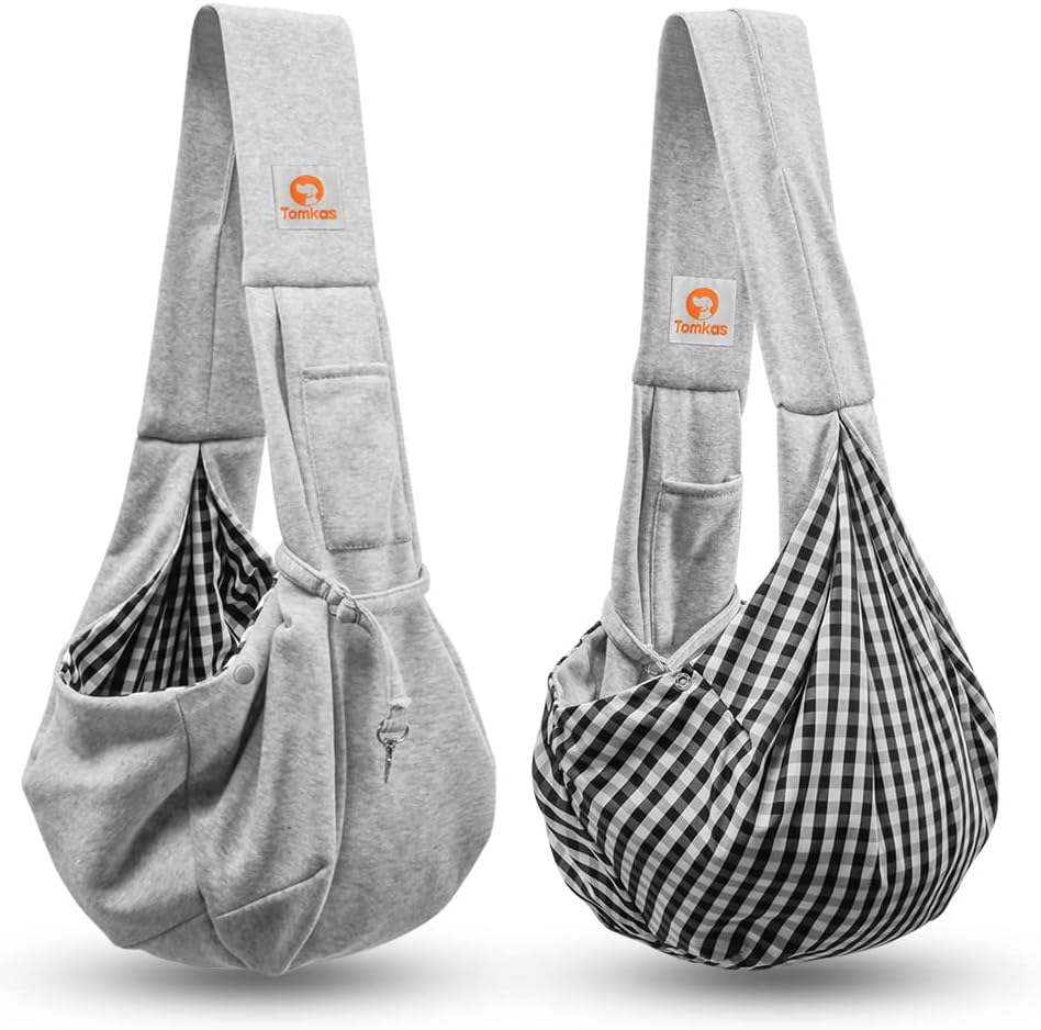 Tomkas Small Dog Cat Sling Carrier Puppy Purse Travel Wrap Soft Crossbody Pet Bag (Gray, M - Classic Pocket & Classic Strap)