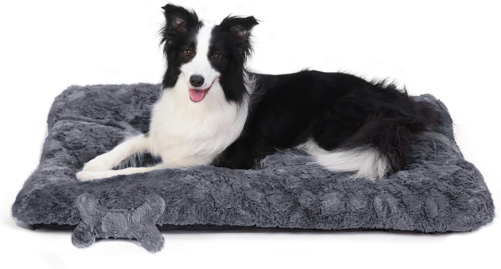 Washable Dog Bed for Small to Large Dogs, Calming Anti Anxiety Medium Dog Bed, Deluxe Plush Faux Fur Crate Beds, Comfy Fluffy Kennel Pad Pet Mat with Non-Slip Bottom, 36"x27", Dark Grey