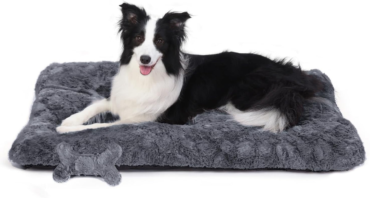 Washable Dog Bed for Small to Large Dogs, Calming Anti Anxiety Medium Dog Bed, Deluxe Plush Faux Fur Crate Beds, Comfy Fluffy Kennel Pad Pet Mat with Non-Slip Bottom, 36"x27", Dark Grey