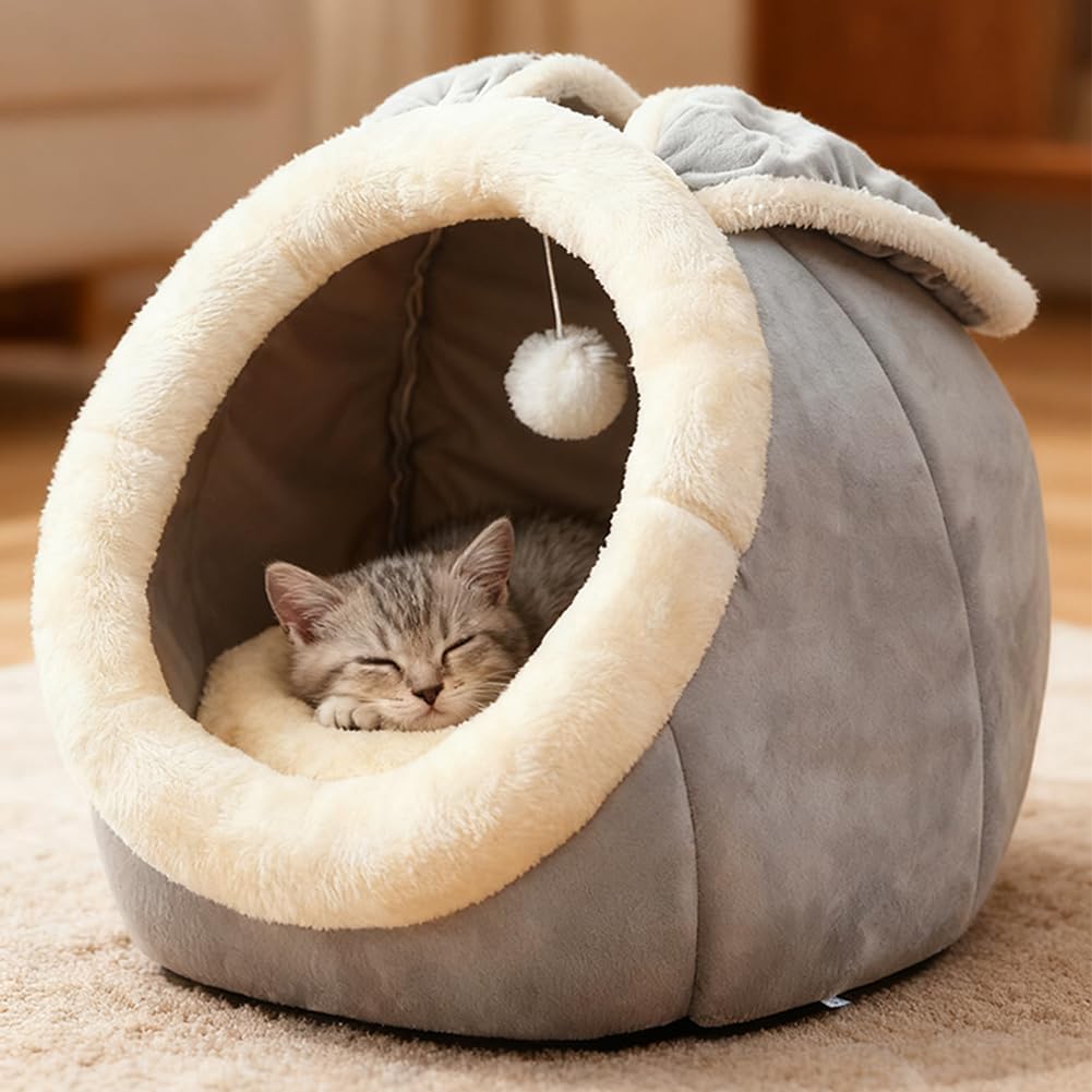 Cat Beds for Indoor Cats-Rabbit-Shaped Cat Cave Bed with Hanging Toy,Grey L