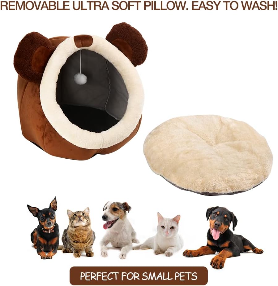 Cat Beds for Indoor Cats -Bear Animal-Shaped Cat Cave Bed with Toy ,Brown L