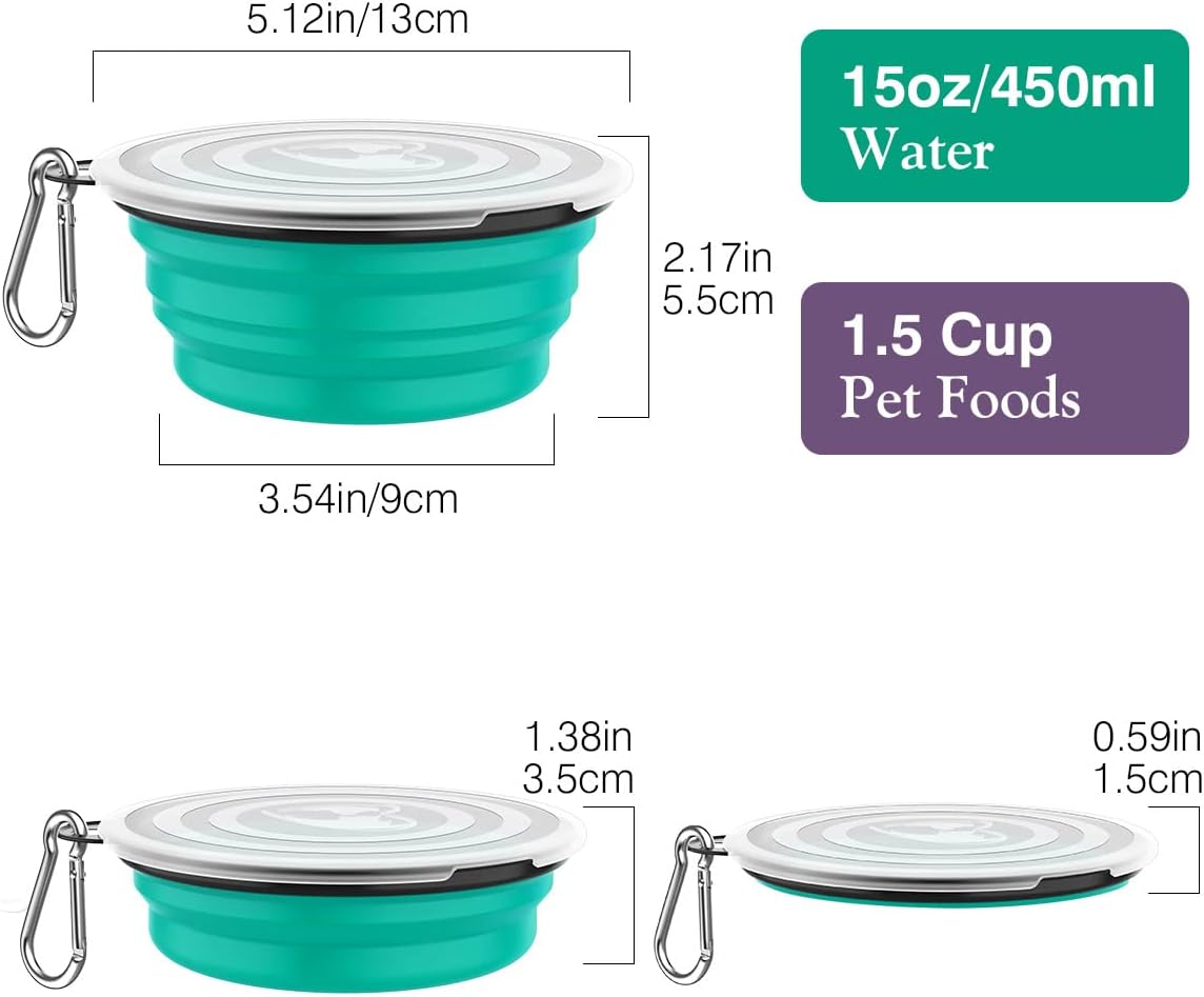 Pawaboo Collapsible Travel Dog Bowls 2 Pack with Lids&Carabiners Silicone | Feeding Watering Bowls for Dogs Cats, Collapsable Water Feeder Food Bowl for Walking Traveling Home Use, VioletTurquoise 