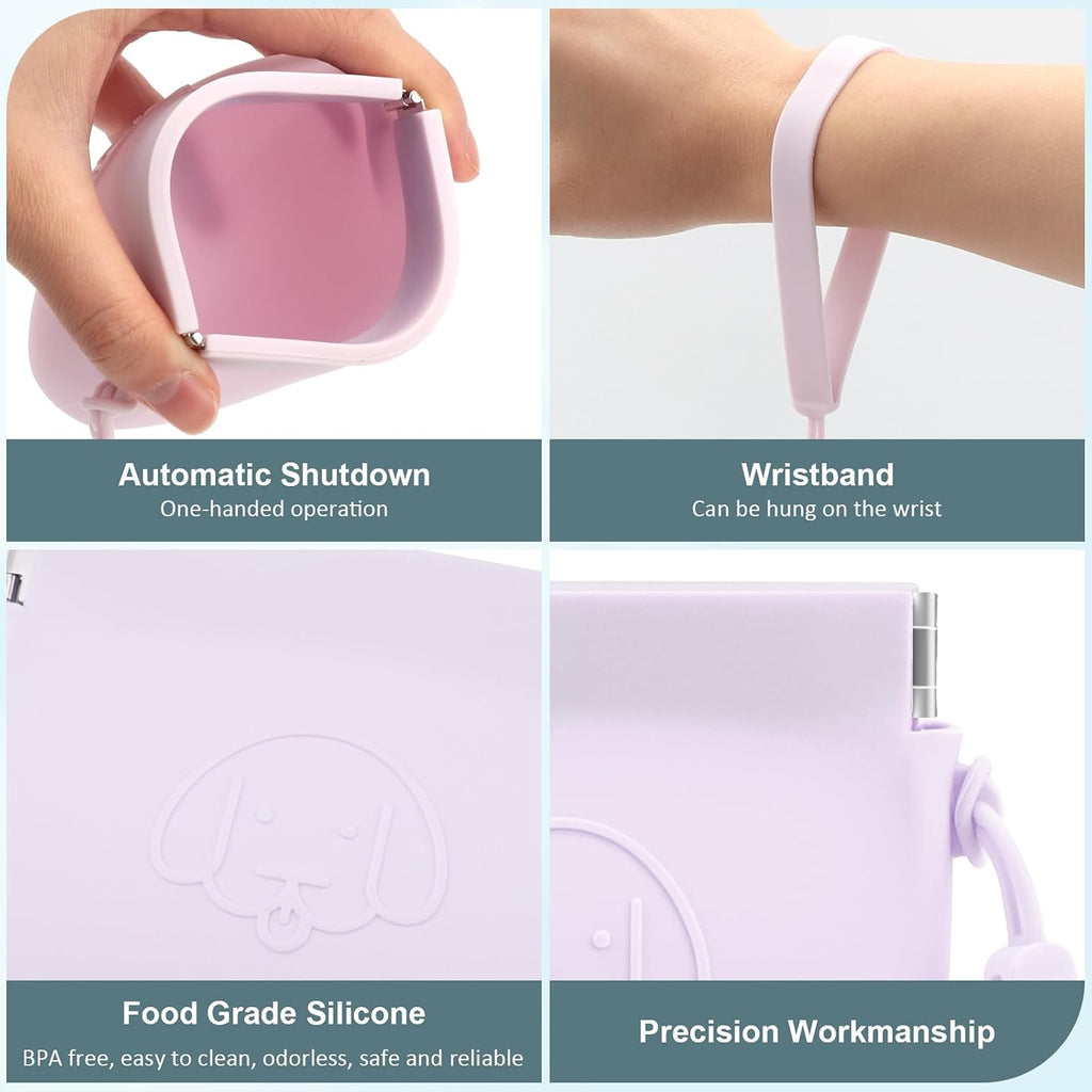 WALLFID Silicone Dog Treat Pouch, Auto Closure, with Pet Training Clicker, Walking Bag for Dog and Cat, Pocket Size, Easy to Clean, Odorless, Travel Walking Bag (Light Purple)
