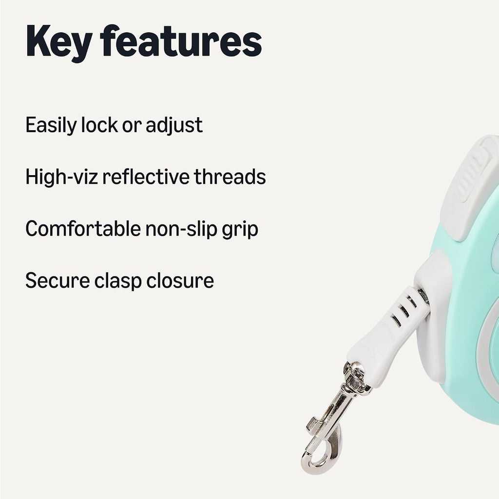 Amazon Basics Retractable Dog Leash, Double-Sided Reflective, Ergonomic Handle, Quick-Lock, 16.4 ft, 33 lb, Size S, Blue