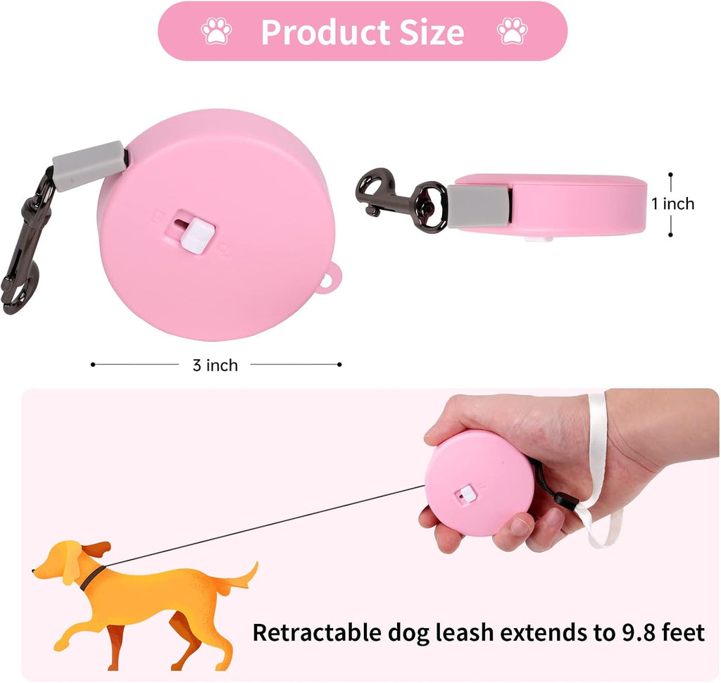 Retractable Dog Leash for Small and Medium Dogs up to 22lbs with 9.8ft Strong Nylon Tape, Hands Free, Portable and Lightweight Leash with Wrist Strap, One-Hand Brake, Tangle Free (Pink)