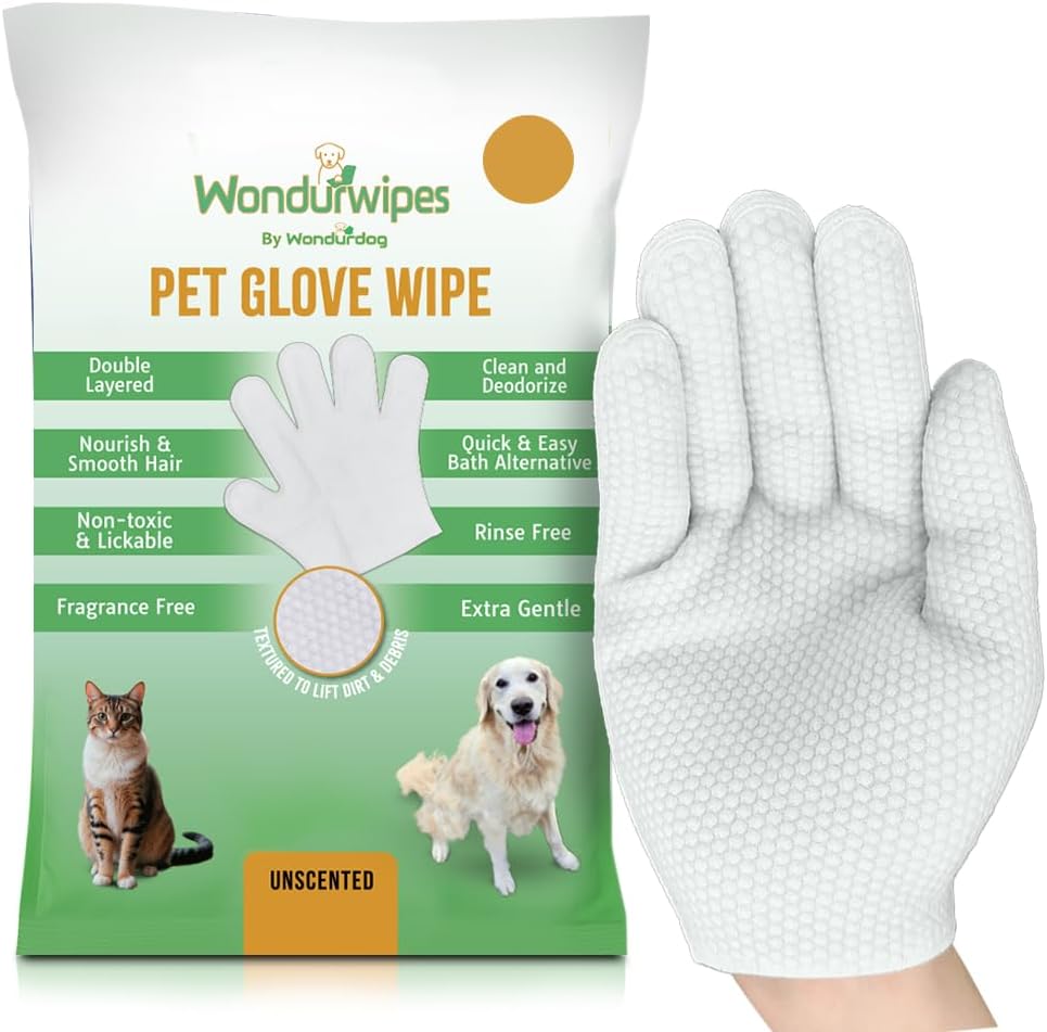 Wondurdog Pet Glove Wipes for Dogs and Cats, No Rinse Grooming, 12 Count