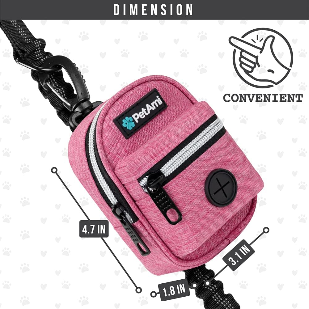 PetAmi Dog Poop Bag Holder for Leash, Waste Bag Dispenser Pet Pouch, Pink | Doggy Puppy Walking Accessories Travel Camping, Dog Treat Pouch Supplies Must Have, Doggie Poo, Jogging, Walks