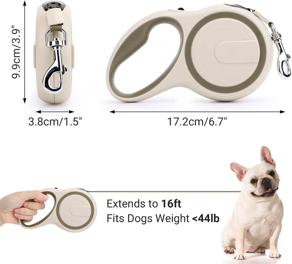Segarty Retractable Leash Small Dog, 16ft Heavy Duty Walking Dog Leash for Medium Pet up to 44lb, Anti-Slip Handle 360°Tangle-Free Nylon Tape, One-Handed One Button Lock and Release (Khaki)