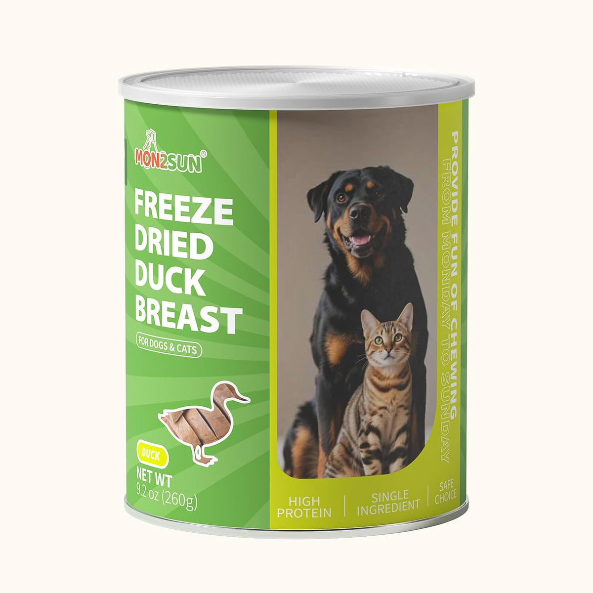 MON2SUN Freeze Dried Dog & Cat Treats, Duck Breast, Whole Pieces, 9.2oz