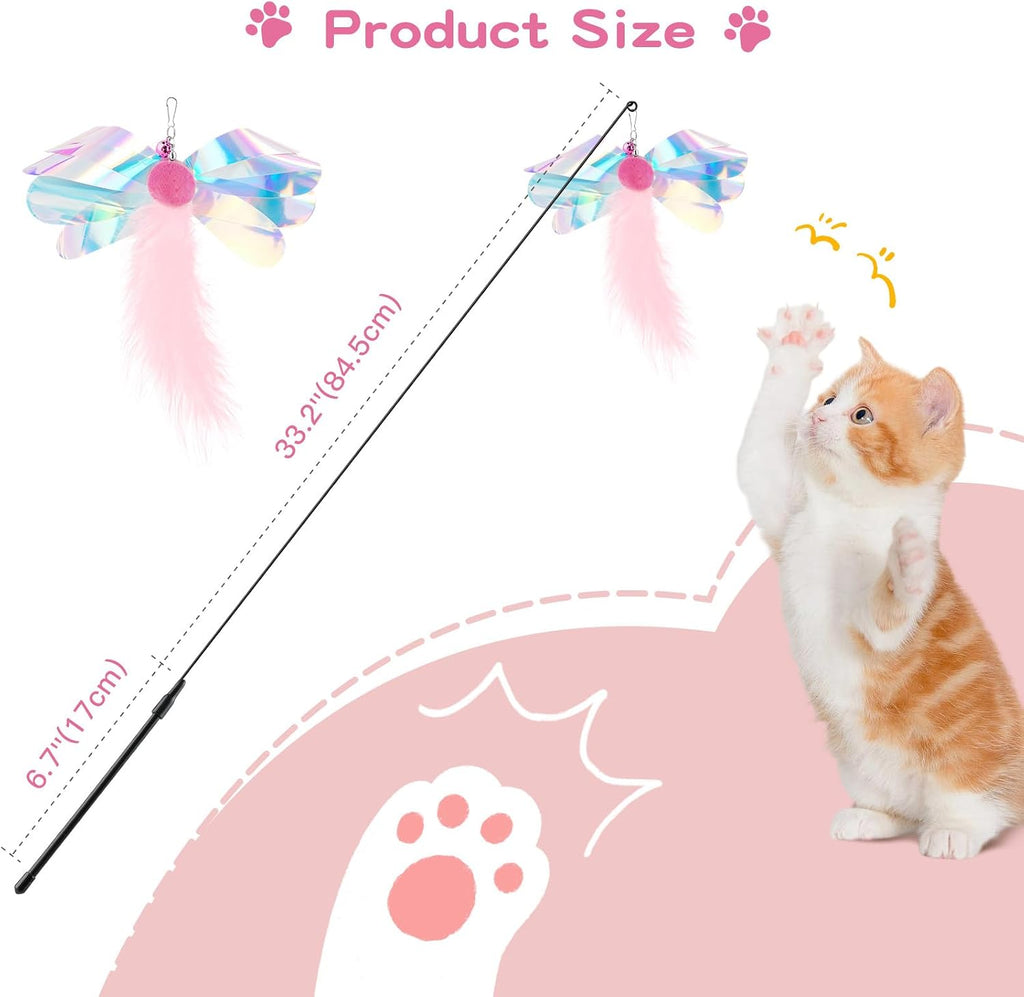 Pawaboo Cat Feather Wand Interactive Toy, 2 Feathers + 1 Wand with Bell | Cat Feather Teaser Toys Flying Catcher Extra Long 34.5" Wand Exerciser Playing Chase Cat Toy Wands for Kitten, Pink Butterfly