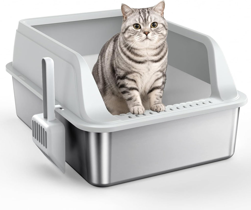 FURTIME Stainless Steel Litter Box with Lid, High Sided Metal Litter Box