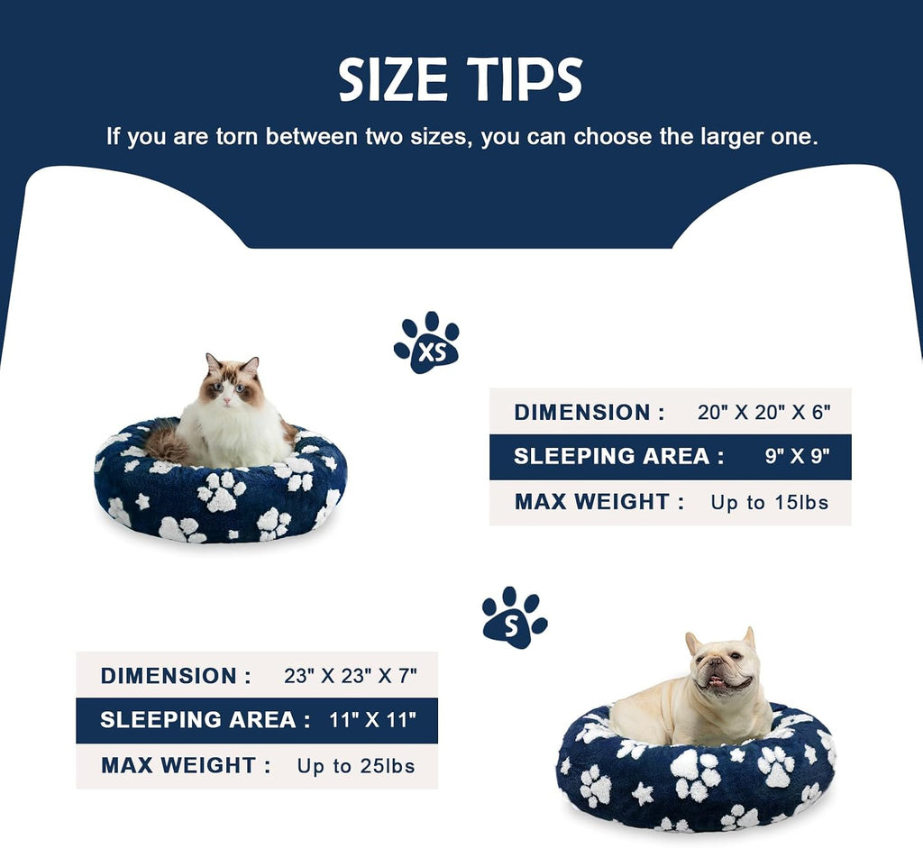 Round Cat Beds for Indoor Cats, Small Donut Dog Beds, Navy Blue, 20"