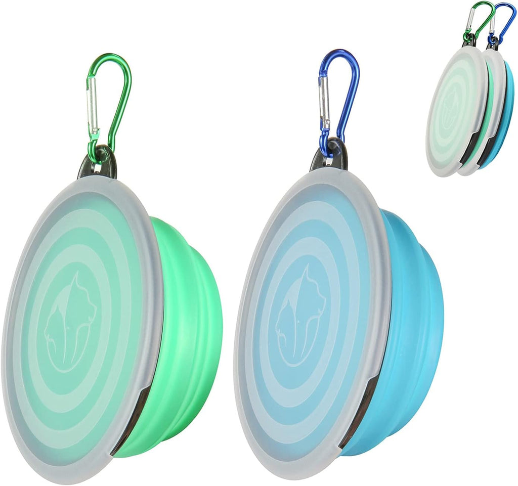SLSON Collapsible Bowl with Cover Lids,2 Pack Dog Travel Bowls Portable Foldable Cat Water Dish Bowl for Pets Walking Parking Camping (Light Blue and Green, Small) 
