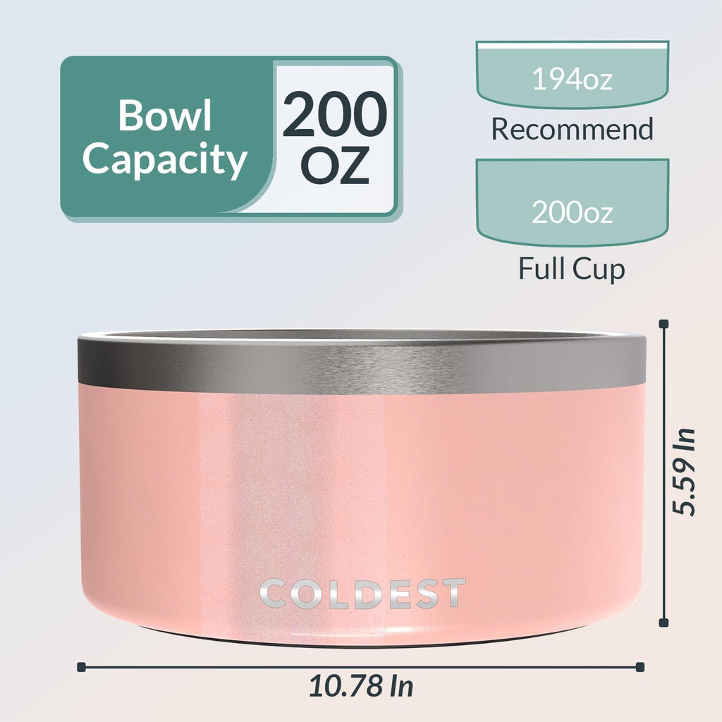 Coldest Dog Bowl - Anti Rust Metal, Non Slip, 3 Layers Insulated Stainless Steel Dog Bowls - Spill Proof & Heavy Duty - Water Bowl for Dogs, Cats, Dish Washer Safe (200 oz, Forever Pink Glitter)