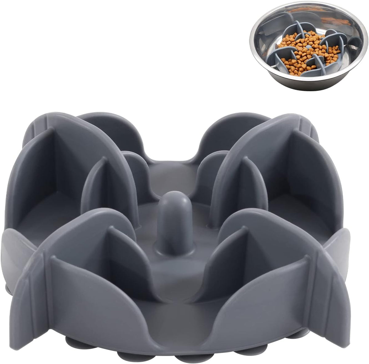 Jaoul Slow Feeder Insert for Small Dogs, Silicone Pet Feeder Accessory with Dividers & Suction Cups, Dishwasher Safe, 5x5 inches, Grey