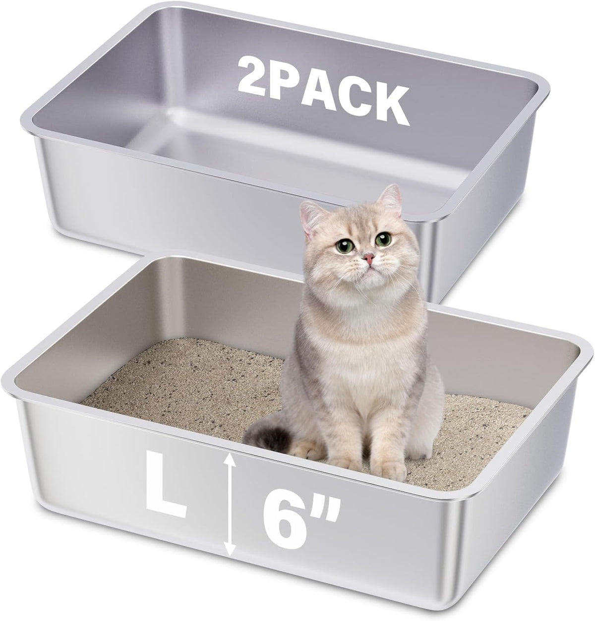 Stainless Steel Litter Box, Large Metal Litter Box 2 Pack | 19.7"x13.7"x6" Cat Litter Box Easy to Clean, Non Stick Litterbox No Smell for Adult Cats