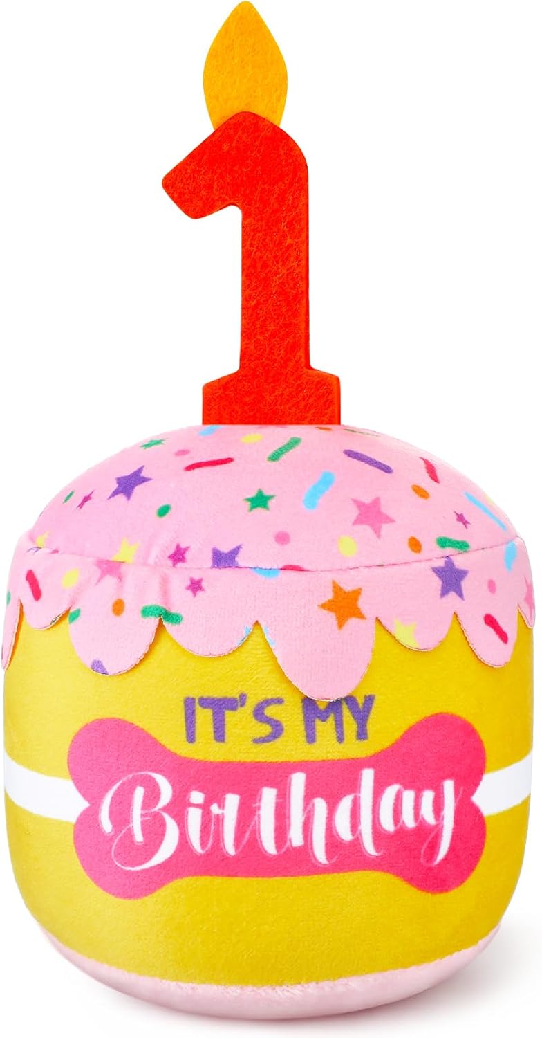 Dansydaisy Dog Birthday Cake Toy Squeaky Plush Gift,1st,Pink and Yellow | Interactive Squeaky Gift for Dogs, Dog Birthday Decor , Soft Chew for Small Medium Large Pets, Cake Design with Candle